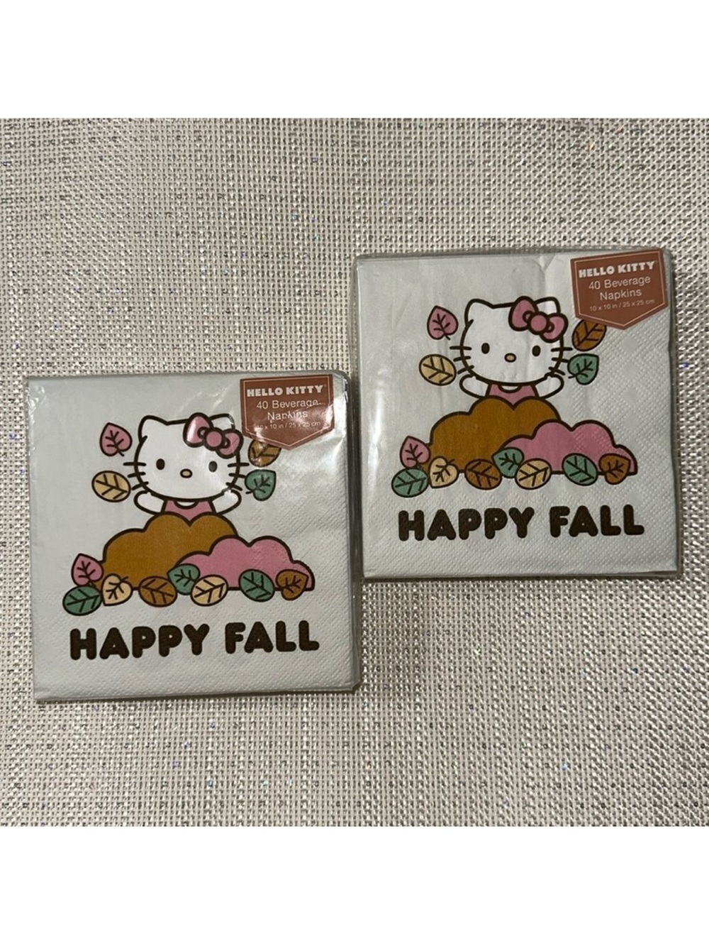 HELLO KITTY Ivory Pink White Orange Brown Happy Fall Square Beverage Napkins
